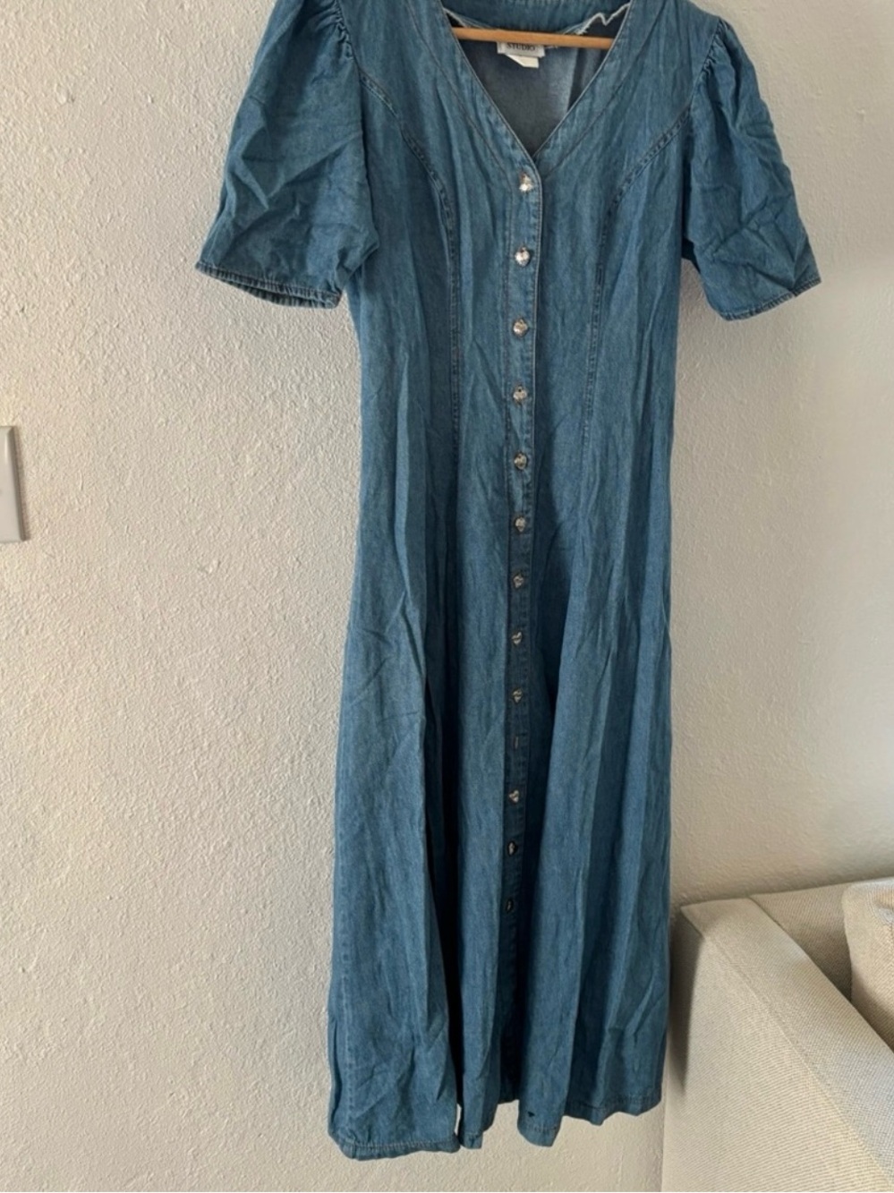 Denim Button-Front Maxi Dress in Blue